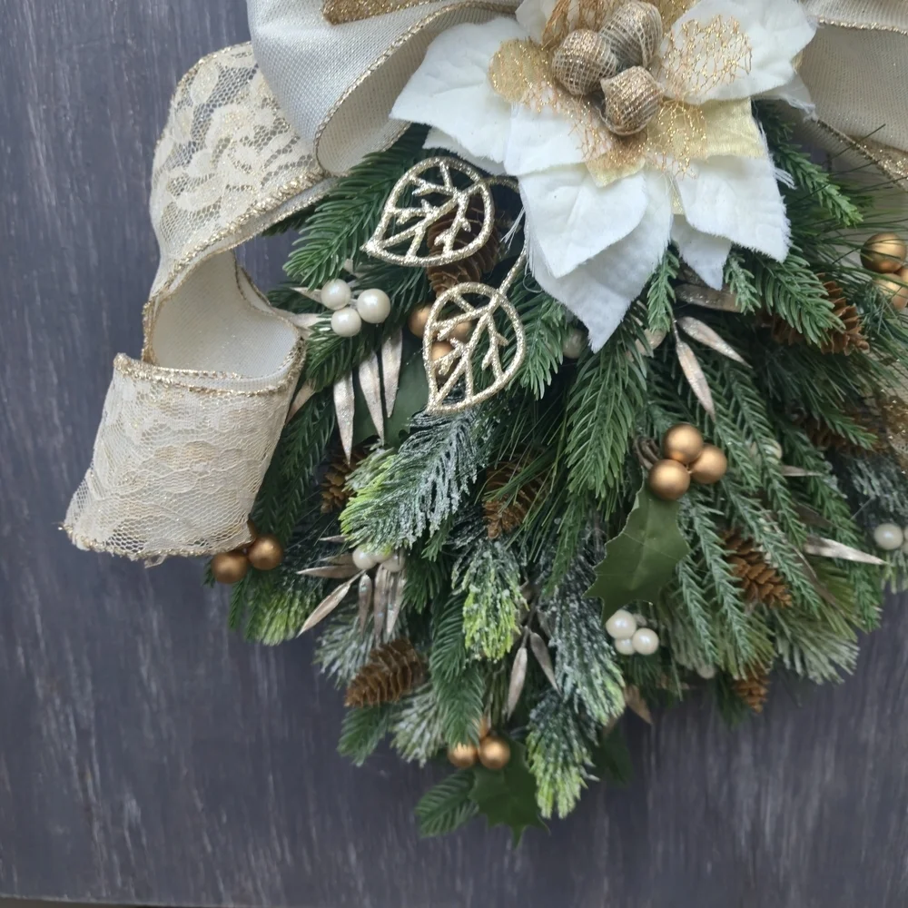 Handmade Elegant Champagne,Gold, Beige and Green Holiday Swag Wreath Door Hanger